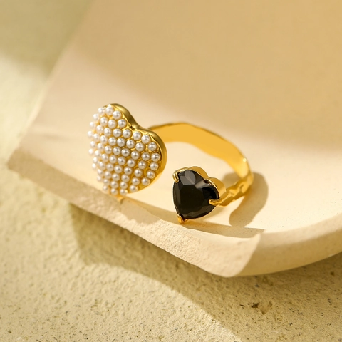 Vintage Stainless Steel Zirconia Open Ring Gold Plated Artificial Pearl Heart Flower Adjustable Jewelry For Women