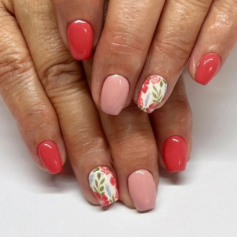 Press On Nails Short Square Artificial False Nails Floral Leaf Patterns Solid Pink Coral Red Resin Glossy Sweet Style For Women