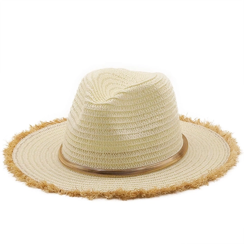 Straw Fedora Sun Hat Wide Brim Frayed Edge Summer Raffia Beach Travel Cap With Gold Chain Decoration For Women