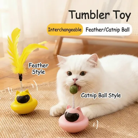 Interactive Cat Tumbler Toy With Feather And Replaceable Catnip Ball Spring Teaser For Indoor Cats Boredom Relief Play