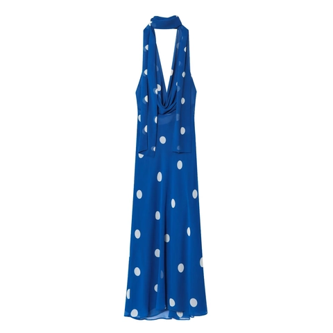 Abito Midi A Pois Da Donna Allacciato Al Collo Schiena Scoperta Chiffon Senza Maniche Elegante Estate Blu
