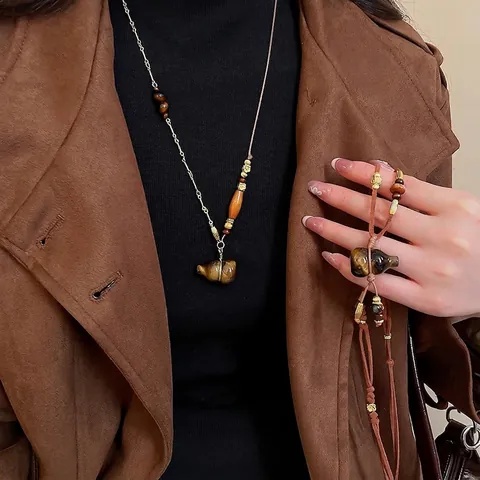 Collana Pendente Zucca Occhio Di Tigre Catena Lunga Maglione Perline Legno Accessori Rame Stile Etnico Retrò Per Donne Gioielli