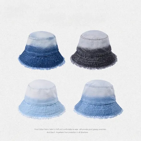Gradient Denim Bucket Hat Washed Cotton Frayed Edge Sun Protection Foldable Summer Outdoor Casual Streetwear For Women Men