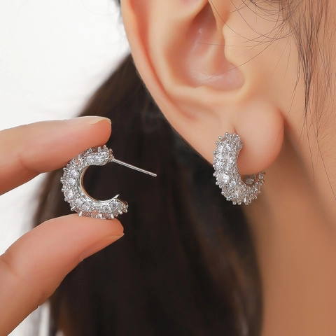 Koperen C Hoop Oorbellen Micro Pavé Zirkoon Geometrisch Glinsterend Minimalistisch Mode Voor Vrouwen Modieus Accessoire