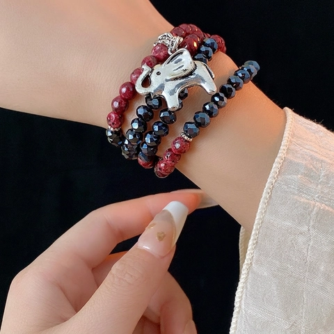 Bracelet Collier Perles Multi Rang Avec Perles Hématite Verre Éléphant Cœur Et Pendentif Gravé And She Persisted Bijoux Vintage Bohême Pour Femmes