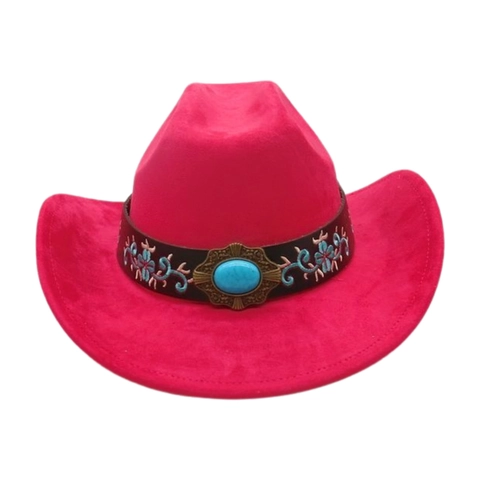 Cappello Da Cowboy Occidentale Scamosciato Ricamo Floreale Etnico Pietra Turchese Tesa Larga Curva Stile Vintage Bohemian