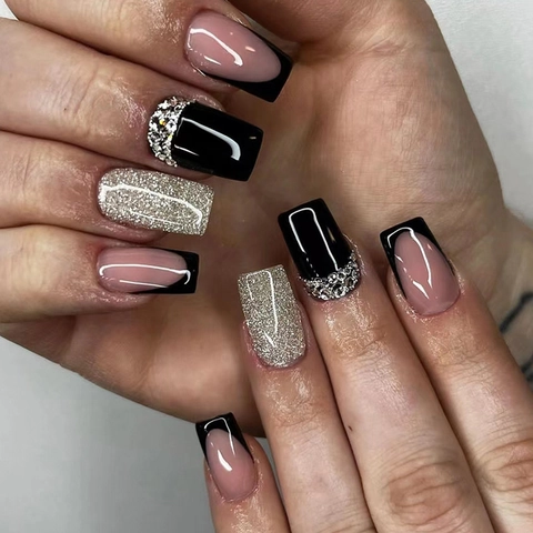 Black French Press On Nails Silver Glitter Rhinestones Square Medium Artificial Nails For Women Luxury Style
