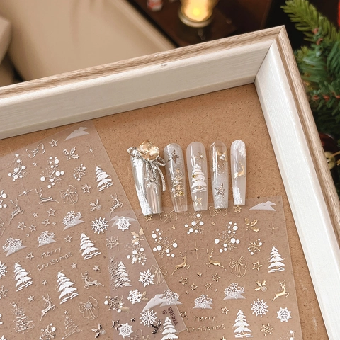 Christmas Nail Art Stickers 3D Relief Gold Silver Snowflake Elk Tree Patterns Self Adhesive Holiday DIY Manicure Decor