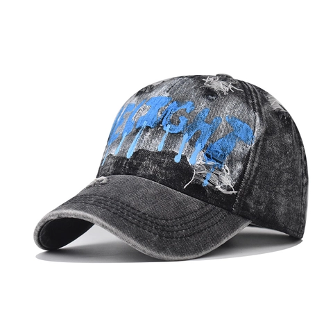 Retro Washed Denim Baseball Cap Distressed Ripped Streetwear Graffiti Letter Print Vintage Adjustable Cotton Trucker Hat