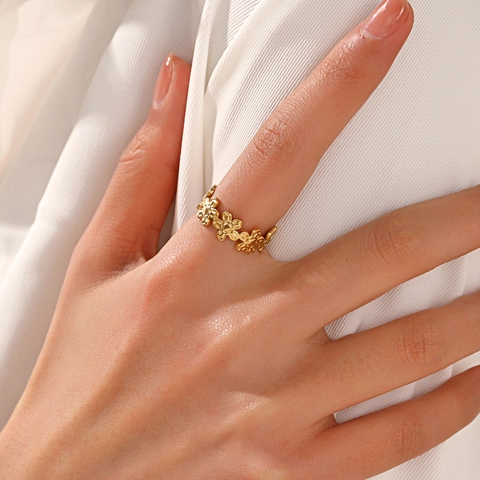 Anillo Flor Acero Inoxidable Elegante Diseño Floral Continuo Calado Ajustable Anillo Abierto Para Mujeres Joyería Chic