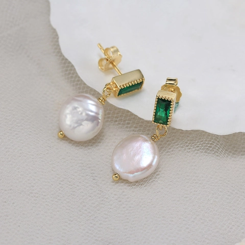 Vintage 925 Sterling Silver Freshwater Pearl Drop Earrings Emerald Green Zirconia Geometric Dangle Earrings For Women Jewelry