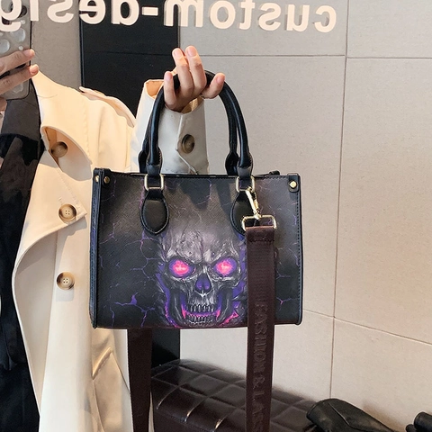 Handtasche PU Leder Totenkopf Druck Große Kapazität Punk Gothic Halloween Schulter Umhängetasche Für Frauen Trendige Mode