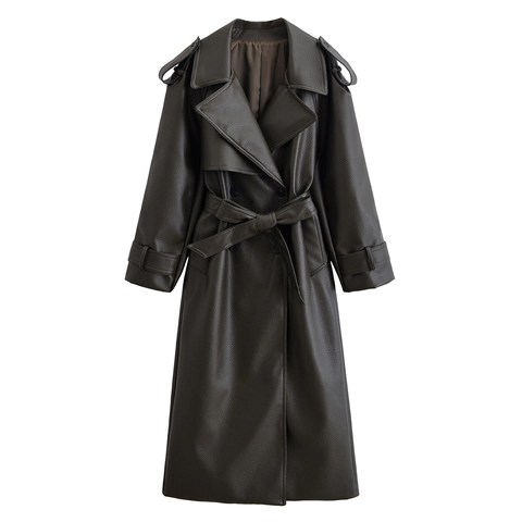 Dames Kunstlederen Trenchcoat Dubbele Rij Knopen Litchi Textuur Extra Lange Windjack Met Riem Elegant Bovenkleding