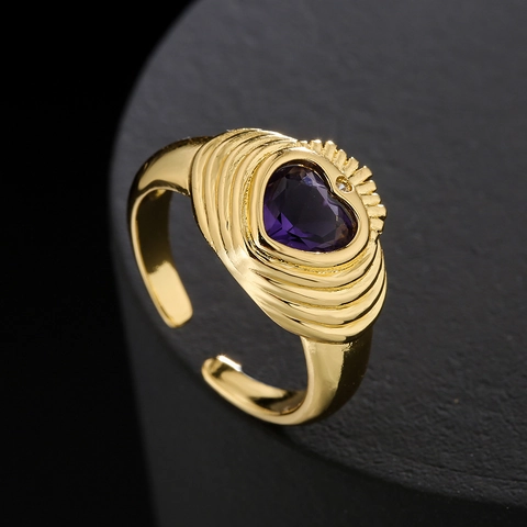 Retro Herz Zirkonia Ring Kupfer 18K Vergoldet Offen Verstellbar Gerippte Textur Geometrischer Schmuck Für Damen