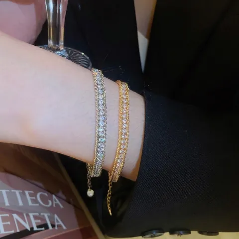 Bracelet En Cuivre À Double Rangée De Zircones Cubiques Chaîne Enroulée Pour Femme Élégant Réglable Luxe