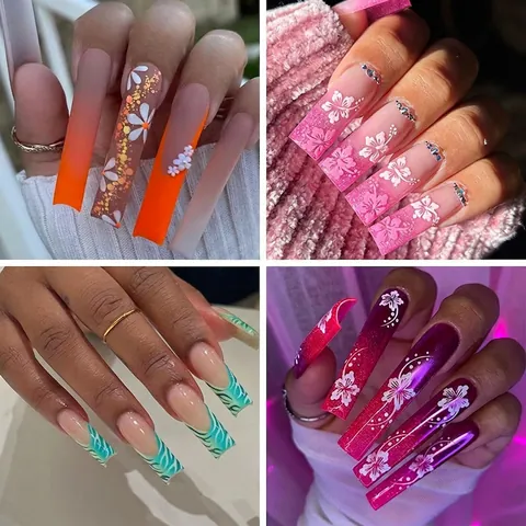 Press On Nägel Lange Sargform Gradient French Style 3D Blumen Strass Dekoration Künstliche Fingernägel Für Damen