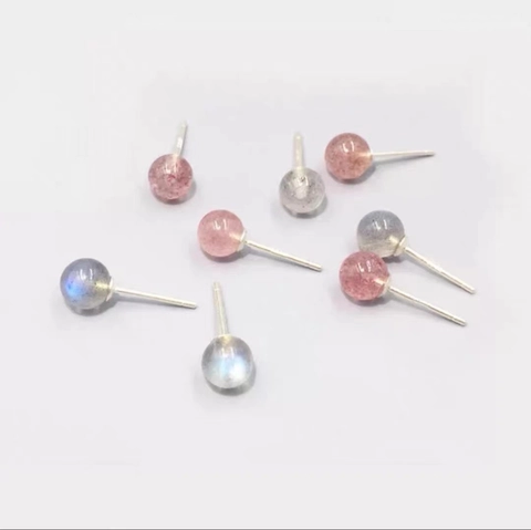 S999 Sterling Silver Natural Strawberry Quartz Moonstone Round Bead Stud Earrings Minimalist Fashion Jewelry For Women