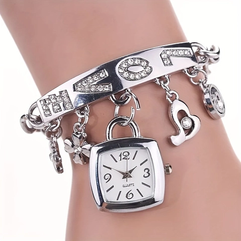 Elegant Women Bangle Watch Alloy Square Dial With Dangling Charms Heart Flower Rhinestone Inlaid Fashion Casual Wristwatch