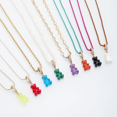 Gummibärchen Anhänger Halskette Harz Bunt 18K Gold Überzogen Herz Schlangenkette Zirkon Süßwasserperle Für Frauen