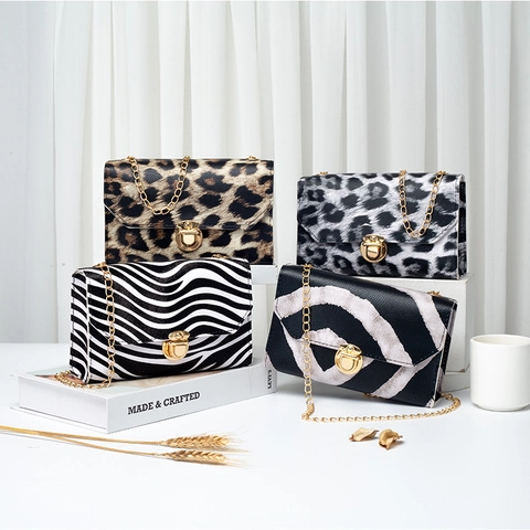 Women Crossbody Bag PU Leather Animal Print Leopard Zebra Snake Gold Chain Strap Metal Lock Flap Square Purse Fashion
