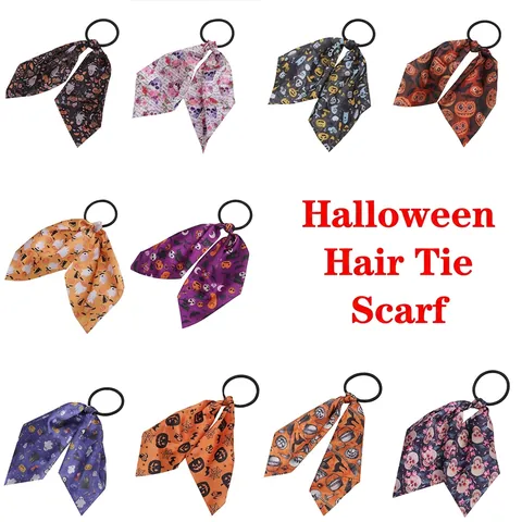 Halloween Scrunchies Ribbon Streamers Fabric Elastic Hair Ties Pumpkin Skull Ghost Patterns Party Accessories For Women Girls