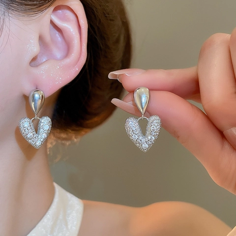 Heart Drop Earrings Copper With Zircon Shiny Silver Earring Post Luxury Fashion Jewelry For Women