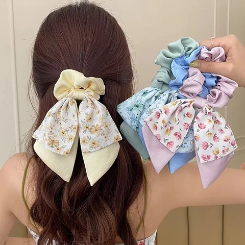Florale Schleife Scrunchies Patchwork Satin Band Haargummi Pferdeschwanz Halter Elegante Süße Haaraccessoires Für Frauen Mädchen