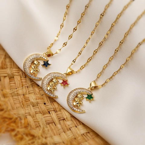 Simpatica Collana Con Ciondolo Orsetto Luna Stella Rame Placcato Oro Zirconia Intarsiata Gioielli Animali Per Donne Ragazze