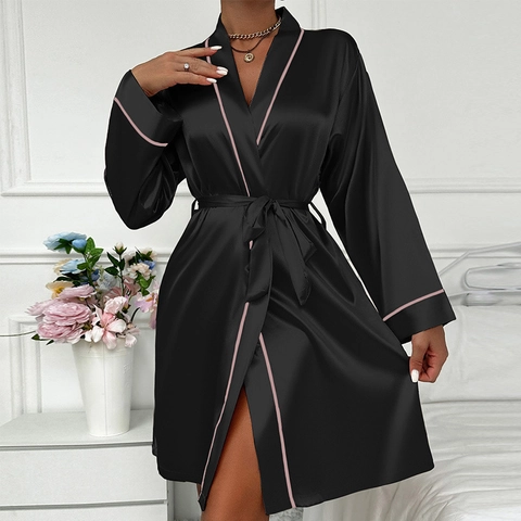 Women Satin Robe Imitation Satin Nightgown V-Neck Piping Belted Sleepwear Mid-Length Homewear Lightweight Comfortable