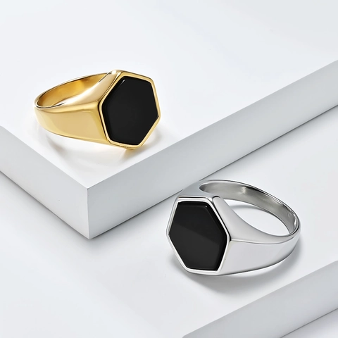 Anillo De Sello Hexagonal Minimalista Acero Inoxidable Esmalte Negro Estilo Industrial Geométrico Joyería De Moda Unisex