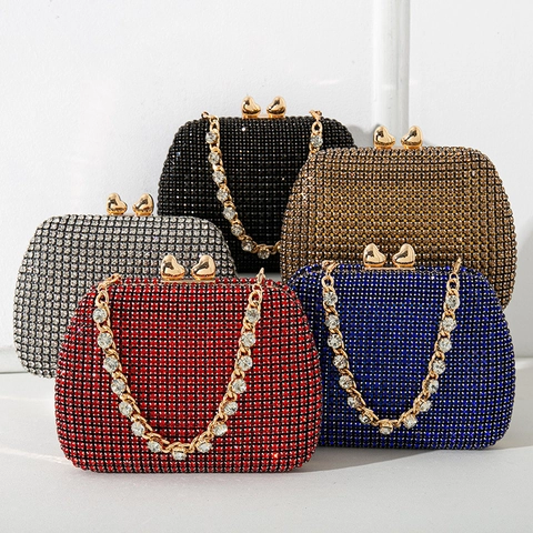 Elegant Rhinestone Evening Clutch Bag With Heart Clasp And Crystal Chain Strap For Women Formal Party Banquet