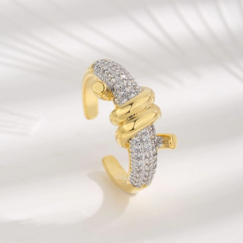 Anillo Abierto De Nudo Entrelazado Cobre Chapado En Oro Pavé Circón Banda Ajustable Elegante Moda Para Mujeres