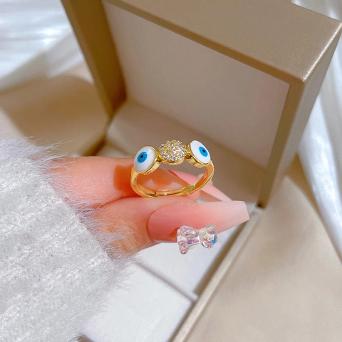 Anello Aperto Malocchio Ottone Placcato Oro Vero Micro Pave Zircone Smalto Blu Regolabile Gioielli Boho Per Donne