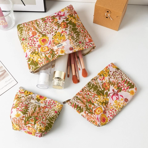 Trousse De Maquillage Jacquard Florale Broderie Portable Pochette Cosmétique Organisateur De Voyage Style Pastoral Sac De Rangement