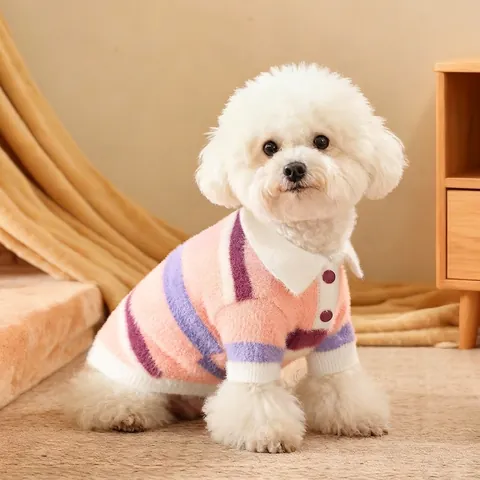 Pull Pour Chien Chat En Faux Vison À Rayures Chaud Automne Hiver Col Polo Tricoté Vêtements Pour Petits Moyens Animaux