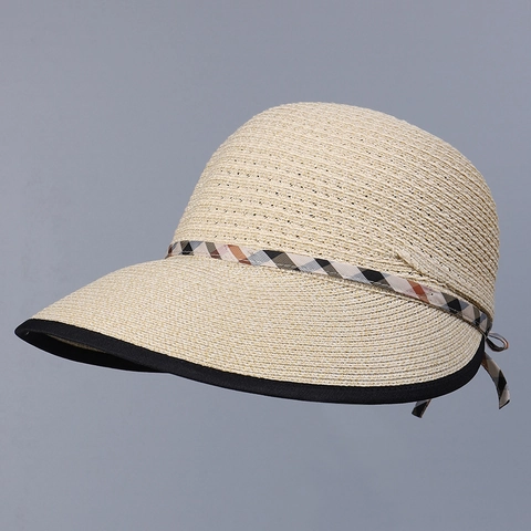 Women Straw Sun Hat Elegant Paper Braided Peaked Cap With Plaid Ribbon Bow Foldable Breathable Wide Brim Beach Hat