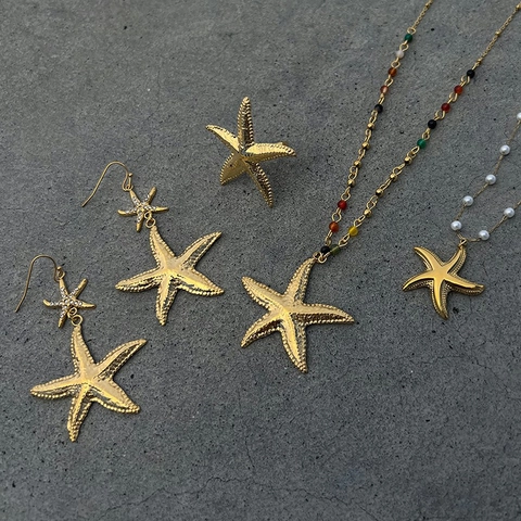 Collana Pendente Stella Marina Acciaio Inossidabile Texture Martellata Perline Colorate Gioielli Impermeabili Donna