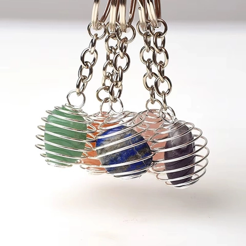Llavero De Piedra De Cristal Natural Colgante Hueco De Jaula Espiral De Acero Inoxidable Gema Pulida Cuarzo Curativo Accesorio DIY
