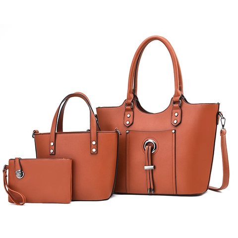 Women PU Leather Tote Bag And Handbag With Small Clutch Tassel Metal Ring Large Capacity Rivets Fashion Commuting
