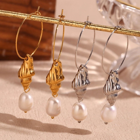 Edelstahl 18K Vergoldet Meeresschnecke Künstliche Perle Creolen Ozean Stil Vintage Für Damen Elegant
