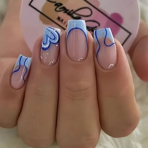 French Tip Press On Nails Heart Wave Pattern Medium Length Square ABS Artificial Fake Nails With Jelly Glue Tool