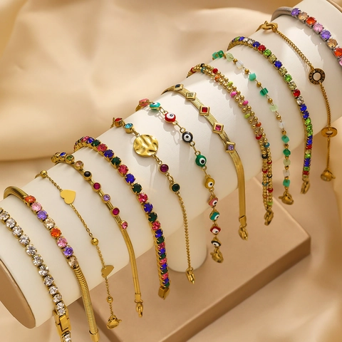 Bohemian Titanium Steel Bracelet With Colorful Zirconia Evil Eye Heart Roman Numeral Pendant Jewelry For Women Gift