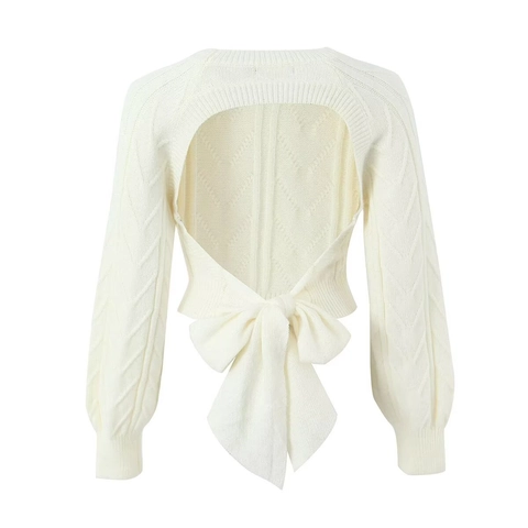 Women Cable Knit Cropped Sweater Open Back Large Bow Lace Up Long Sleeve Casual Fashion Elegant Knitwear Top