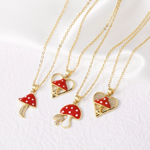 Mushroom Pendant Necklace Gold Plated Copper Heart Red Enamel White Polka Dot Zirconia Cute Fairy Tale Jewelry Women