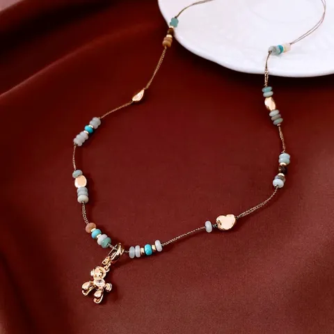 Beaded Necklace With Copper Puppy Pendant Zircon Inlaid Stone Retro Maillard Style Vintage Jewelry For Women Long Chain