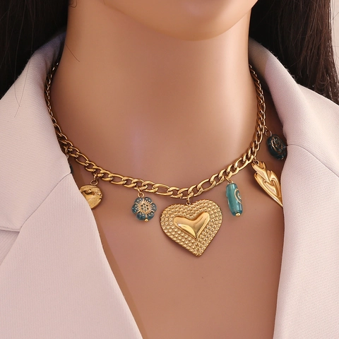 Stainless Steel Multi Charm Necklace For Women Gold Plated Heart Sunflower Butterfly Fruit Imitation Artificial Pearl Pendant Jewelry