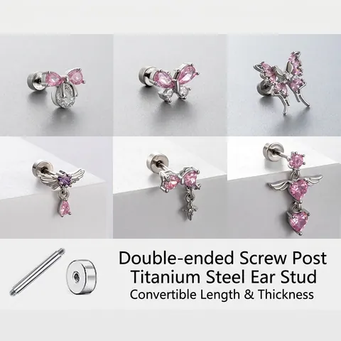 Titanium Stahl Ohrstecker Rosa Zirkonia Schmetterling Schleife Engelsflügel Herz Schraubverschluss Schmuck Für Damen