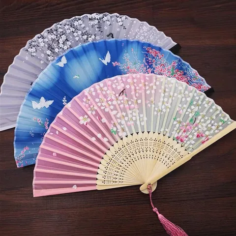 Chinese Japanese Style Folding Hand Fan Satin Bamboo Frame With Tassel Women Dance Wedding Party Home Decor Accessory