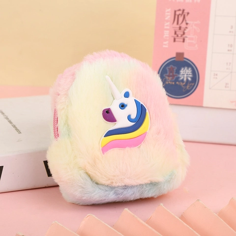 Cute Unicorn Plush Coin Purse Rainbow Gradient Faux Fur Mini Earphone Storage Pouch For Kids Girls Student Key Bag Keychain