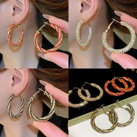 Shiny Large Hoop Earrings With 925 Sterling Silver Earring Post Alloy Twisted Spiral Full Rhinestone Luxury Women Jewelry